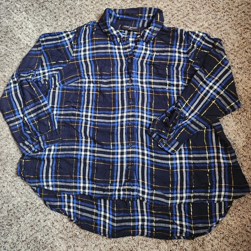 Lane Bryant Blue And Gold Plaid Button Down